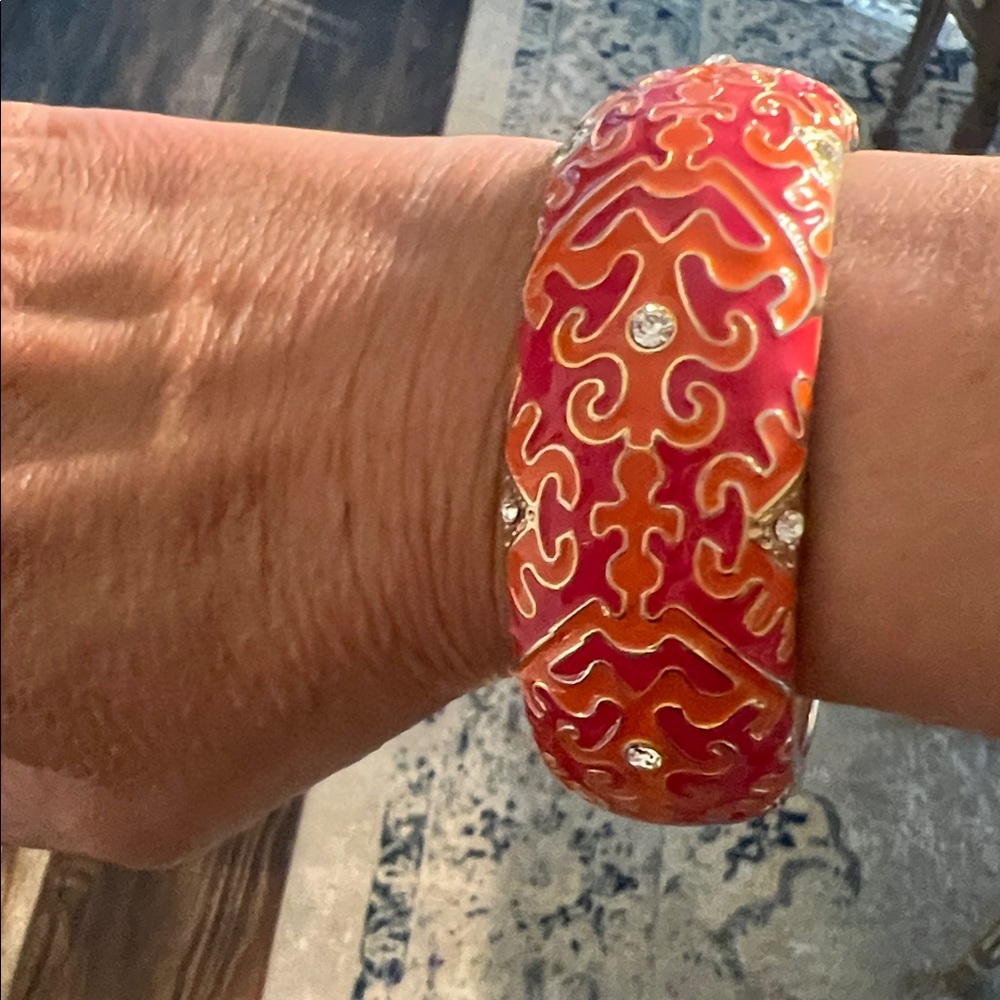 Pink and orange with  Gold Patterned Bangle Bracelet